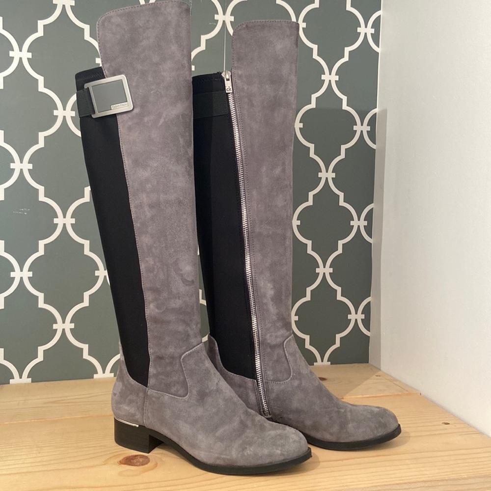 Calvin Klein suede knee-high boots with zipper.